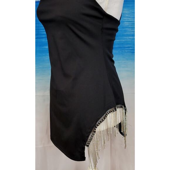 Woman's BLACK SEXY Club Party Dress Faux DIAMOND FRINGE Back Zip STRETCH size Sm - Picture 5 of 12